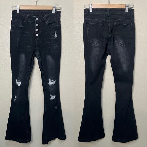 Black Distressed Button Fly Flare Jeans Size S - Picture 1 of 5